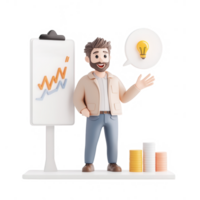A person presenting a business idea with a chart and lightbulb concept. png