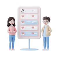 Two characters interacting with a digital interface displaying user preferences. png