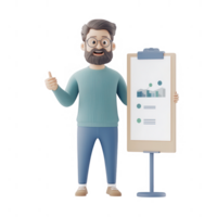 A cheerful man presenting business charts and insights on a flip board with a thumbs up. png