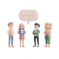 Four diverse characters engaged in a lively conversation with speech bubble. png