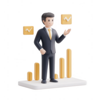 A 3D character in a suit presenting data growth with chart elements. png