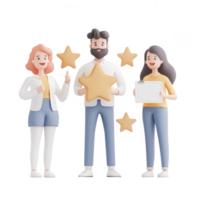 Three individuals celebrating achievements with stars and smiles in a cheerful setting. png