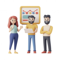 Three diverse professionals collaborating on a data presentation. png