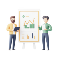 Two professionals analyzing data on a digital display with financial graphs. png
