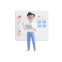 A 3D character analyzing data on a digital tablet in a modern workspace. png