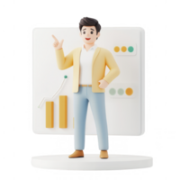 A 3D character presenting data insights with graphs and charts for business contexts. png