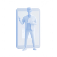 A 3D model of a businessman interacting with a digital tablet interface. png