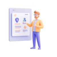 A 3D illustration of a man explaining a digital interface with key features. png