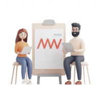 Two professionals discussing data on a flip chart with tablets in hand. png