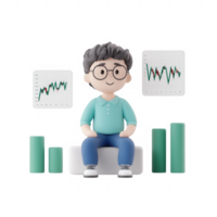 A cartoon character analyzing financial data with graphs and charts. png