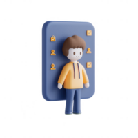 3D character interacting with a mobile app interface for user engagement. png