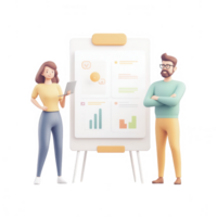 Two professionals presenting data on a whiteboard in a modern office setting. png