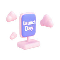 A colorful digital sign displaying 'Launch Day' with playful cloud elements. png