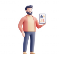 A man holding a mobile device displaying business statistics and charts. png