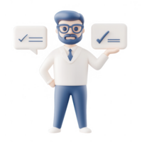A 3D character representing decision-making with checkmarks and dialogue bubbles. png