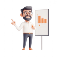A cartoon businessman presenting a report with charts and data insights. png