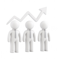 Three figures in suits with a rising graph, symbolizing business growth and success. png