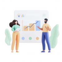 Two professionals analyzing data with graphs in an engaging office environment. png