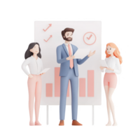 Three professionals discussing project strategies and progress on a presentation board. png