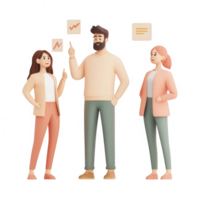 Three professionals discussing trends and insights in a modern office setting. png