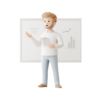 A 3D character presenting data in front of a chart on a whiteboard. png
