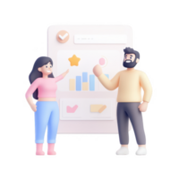 Two characters discussing progress on a colorful dashboard with graphs and metrics. png