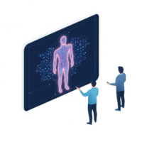 Two people examining a holographic human figure in a modern tech environment. png