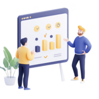 Two men discussing data insights with a presentation screen in a modern office. png