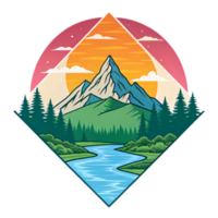 nature inspired symbol featuring mountain, river, and trees, evoking tranquility and adventure. vibrant colors create serene landscape png