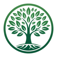 minimalist tree symbol with green leaves and circular design, representing nature and growth. This emblem conveys harmony and environmental awareness png