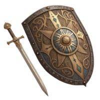detalhado escudo e espada conjunto apresentando intrincado desenhos e Sol motivo. escudo tem de madeira textura com metálico acentos, enquanto espada complementa escudo estilo png