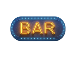 glowing neon sign displaying word BAR in bright yellow letters, surrounded by blue lights, creating vibrant and inviting atmosphere png