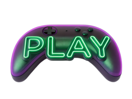 sleek, futuristic game controller glowing brightly with word PLAY in neon lights, perfect for gaming enthusiasts png