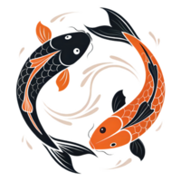 Koi fish swimming in yin yang formation, symbolizing balance and harmony. black and orange koi represent duality and interconnectedness in nature png