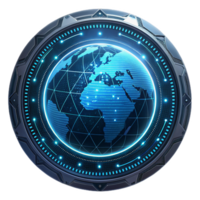 Futuristic globe symbol with digital grid pattern, showcasing high tech design. globe features illuminated elements and network of connections, representing global connectivity png