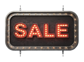 Neon SALE sign displayed in vintage style, illuminated with bright lights, perfect for attracting attention in retail environment png