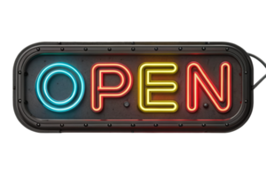 vibrant neon sign displaying word OPEN in blue, yellow, and red colors, perfect for attracting attention to businesses png