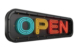 futurista neón firmar con abierto texto en vibrante colores, Perfecto para atrayendo atención a negocios brillante luces crear acogedor atmósfera png