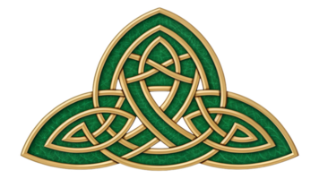 Celtic knotwork design featuring intricate green and gold patterns, symbolizing unity and eternity. This decorative motif is perfect for various artistic applications png