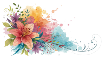vibrant floral arrangement featuring colorful watercolor splashes, showcasing large lily and various leaves and smaller flowers, creating lively and artistic design png
