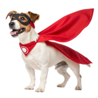 playful dog dressed as superhero with red cape and mask, exuding joy and energy. This charming pet is ready for adventure and fun png