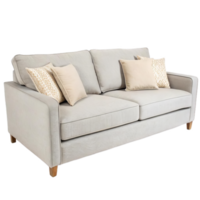 minimalist gray sofa with light cushions, perfect for modern living spaces. Its elegant design and soft textures create cozy atmosphere png