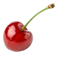 bright red cherry with glossy surface and green stem, showcasing its freshness and vibrant color. Perfect for culinary uses or as decorative element png