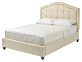 cream colored bed with cushioned headboard, featuring stylish design and comfortable bedding. Perfect for enhancing any bedroom decor png