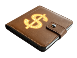digital wallet icon with glowing dollar sign on brown leather wallet, symbolizing modern finance and secure transactions png