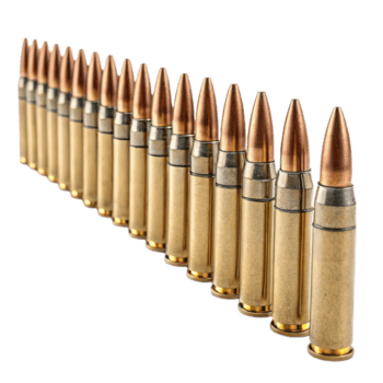 Bullets aligned in row, showcasing series of metallic cartridges with pointed tips. image captures precision and detail of ammunition, evoking sense of order and readiness png
