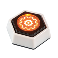 minimalistic hexagonal button with glowing gear symbol, perfect for tech applications. Its sleek design and vibrant illumination make it eye catching element png