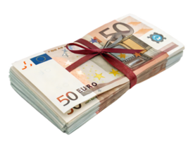 fascio di 50 Euro banconote legato con rosso nastro, simboleggiante ricchezza e prosperità. Questo cattura essenza di moneta e finanziario transazioni png