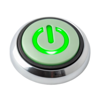 sleek power button icon glowing bright green, symbolizing energy and activation. This modern design features shiny metallic base and vibrant green light, perfect for technology themes png