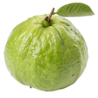 smooth green guava with slightly shiny skin and leaf on top, showcasing its fresh and vibrant appearance. Perfect for culinary uses or as healthy snack png